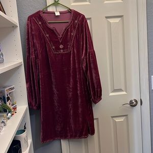 Pink velvety dress with beautiful embroidery from Cracker Barrel